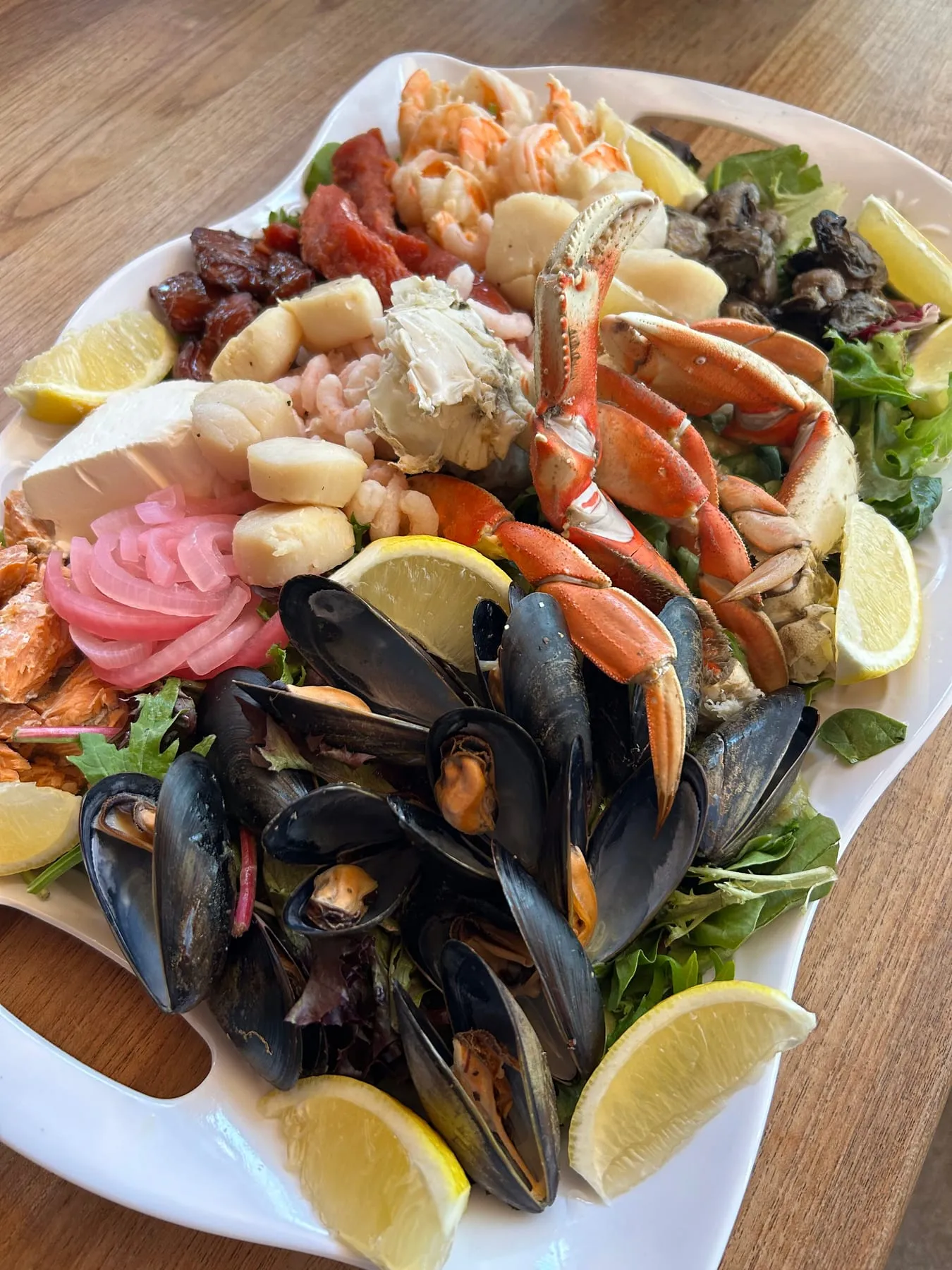 A seafood platter of crab, mussels, prawns, scallops and salmon
