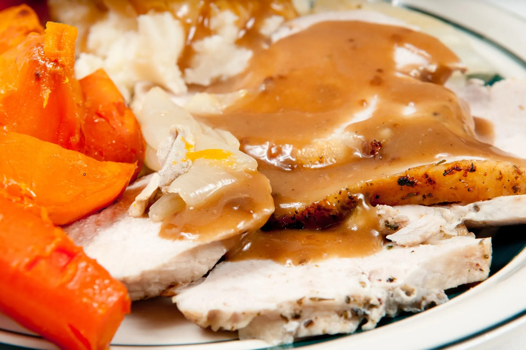Roast turkey dinner, carved and plated